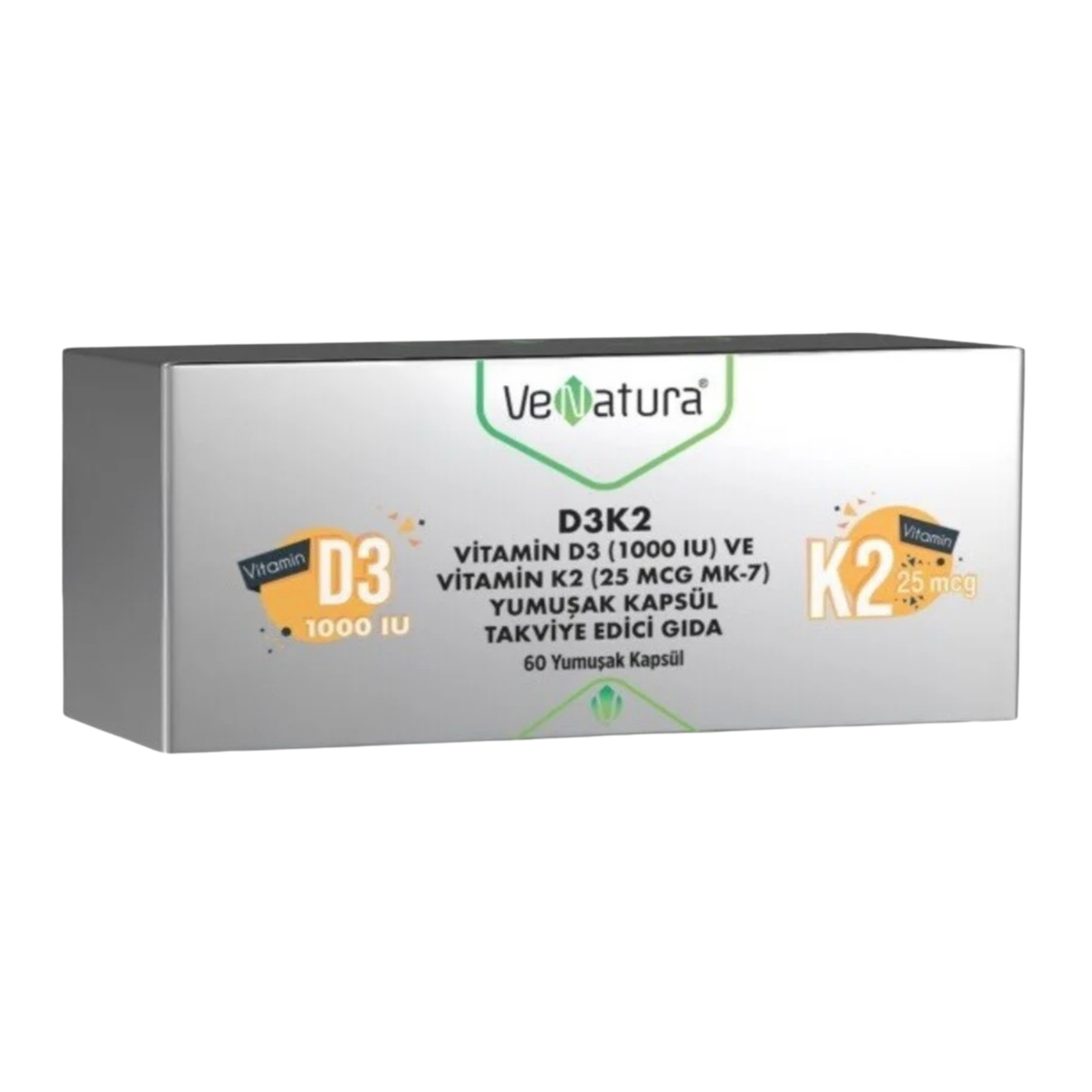 Venatura D3K2 Vitamin D3 (1000 IU) and Vitamin K2 (25 mcg MK-7) Food Supplement 60 Softgels