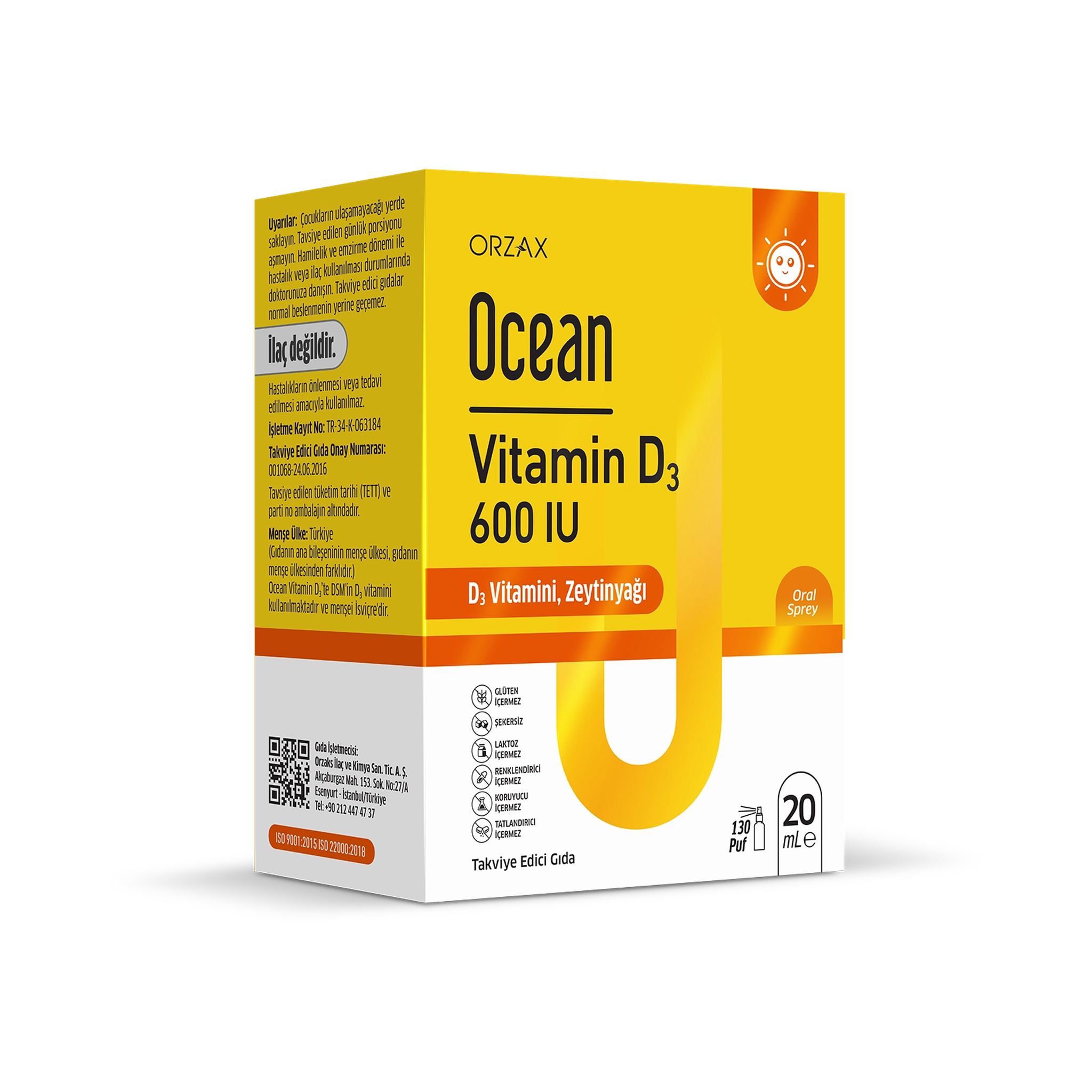 Orzax Ocean Vitamin D3 600 IU Oral Spray 20 ml - 130 Puffs with Olive Oil - Bone & Immune Support