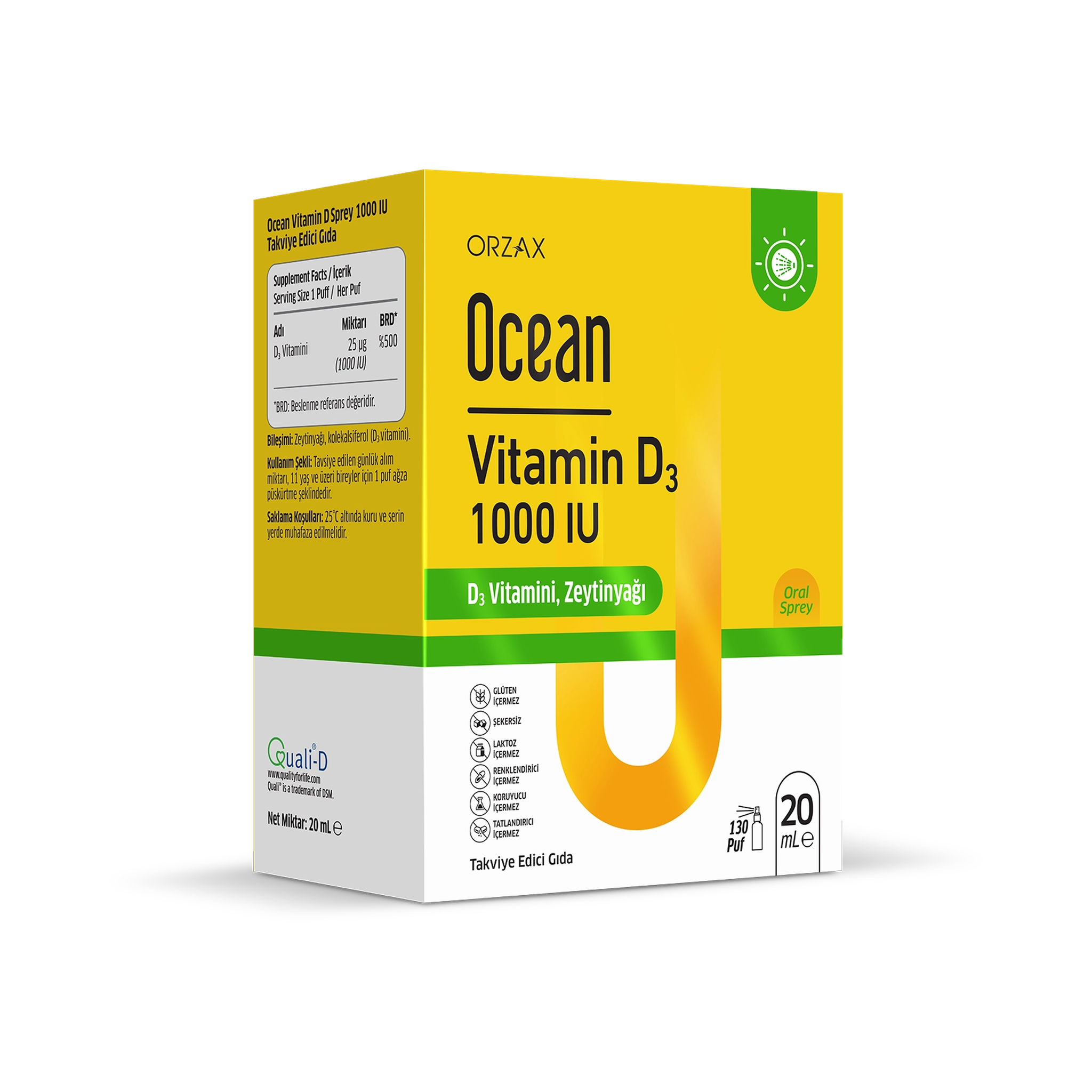Orzax Ocean Vitamin D3 1000 IU Oral Spray 20 ml - 130 Puffs with Olive Oil - Bone & Immune Support
