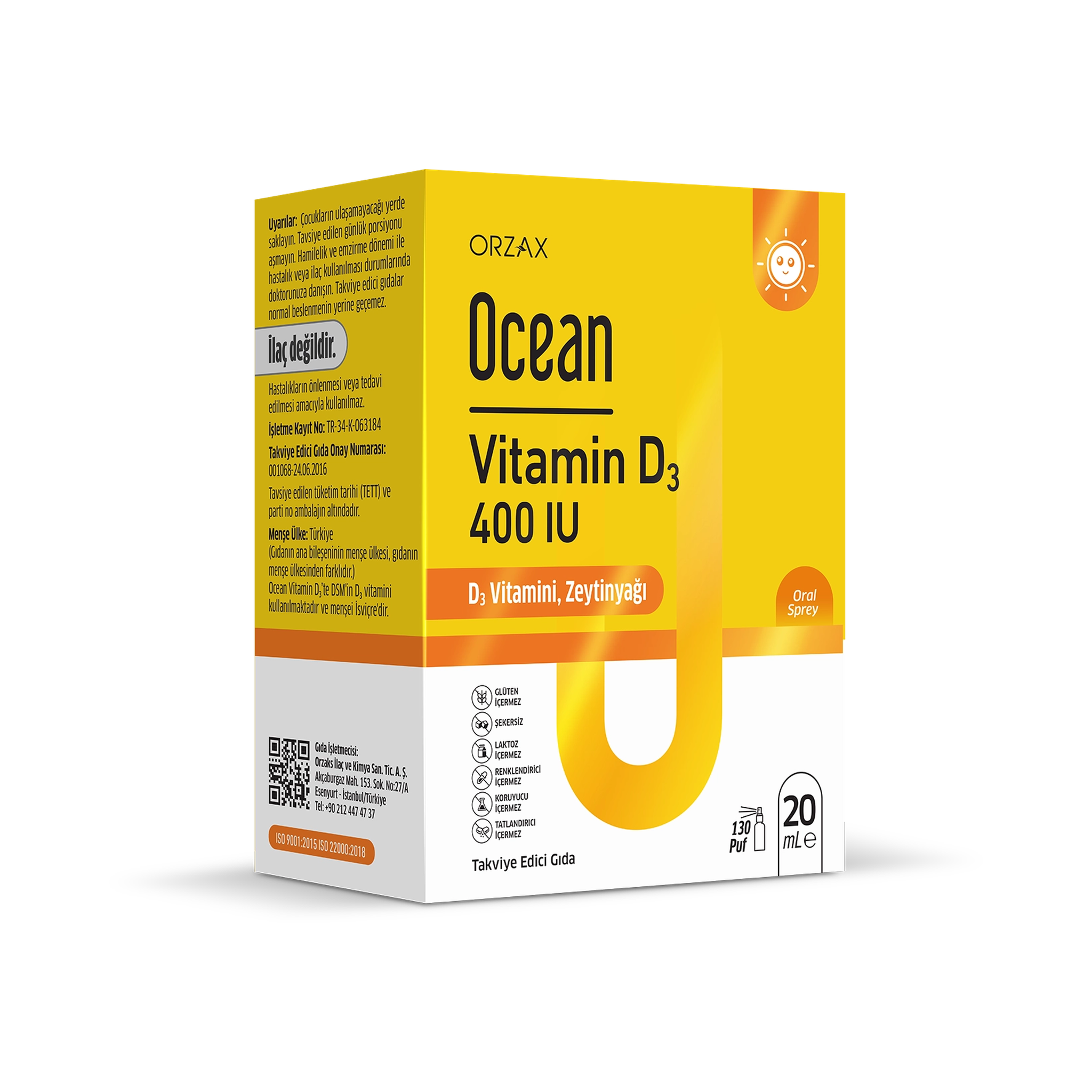 Orzax Ocean Vitamin D3 400 IU Oral Spray 20 ml - 130 Puffs with Olive Oil - Bone & Immune Support