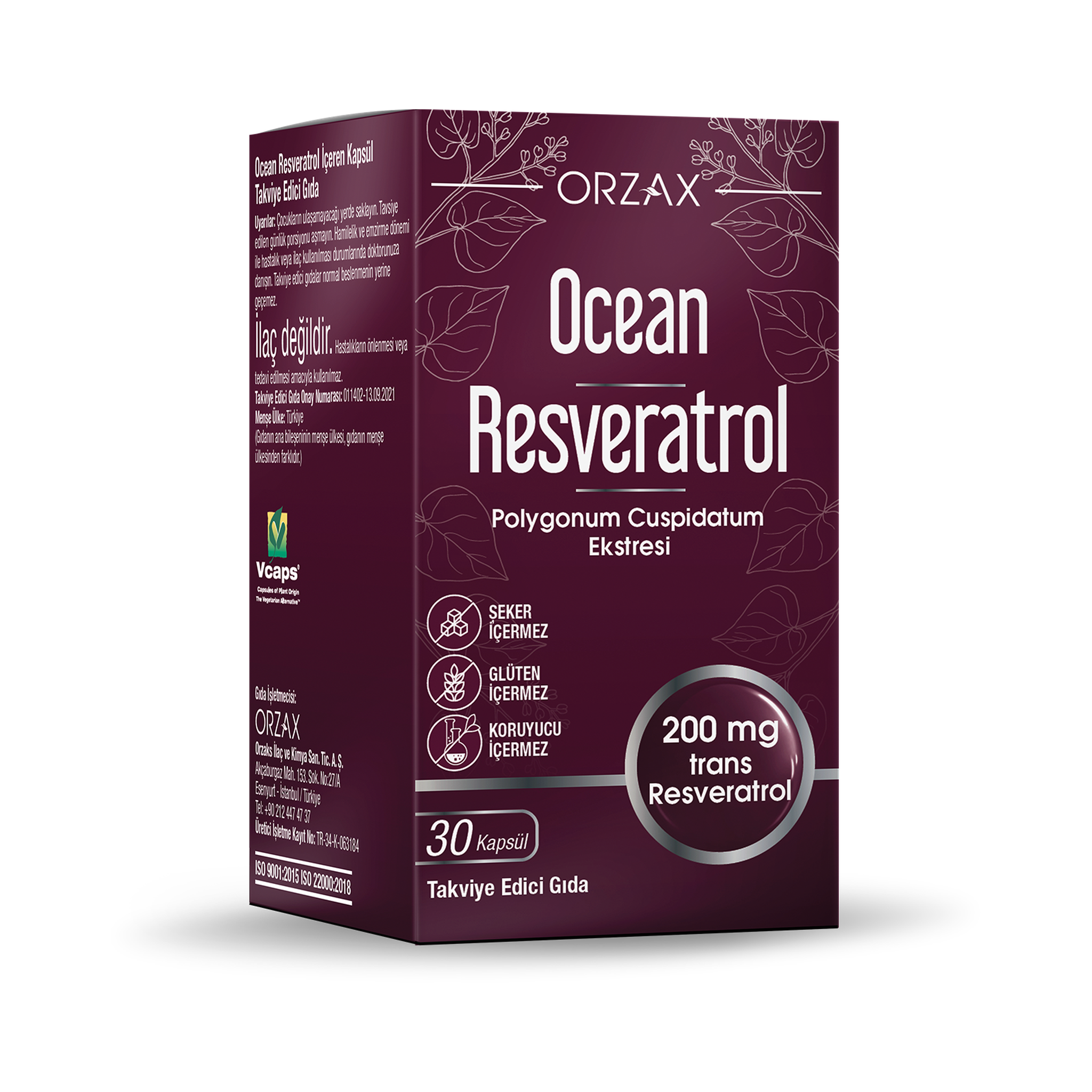Orzax Ocean Resveratrol 200 mg 30 Vegan Capsules – Trans-Resveratrol from Japanese Knotweed Extract