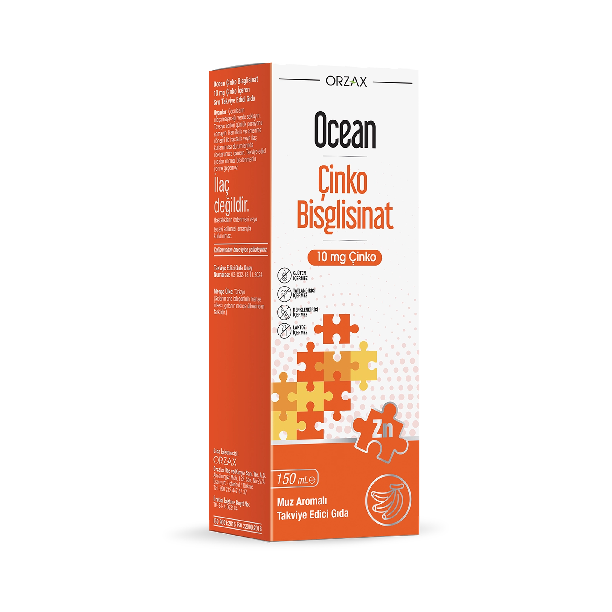 Orzax Ocean Zinc Bisglycinate 10 mg 150 mL – Banana Flavoured Liquid Zinc-Immune Support