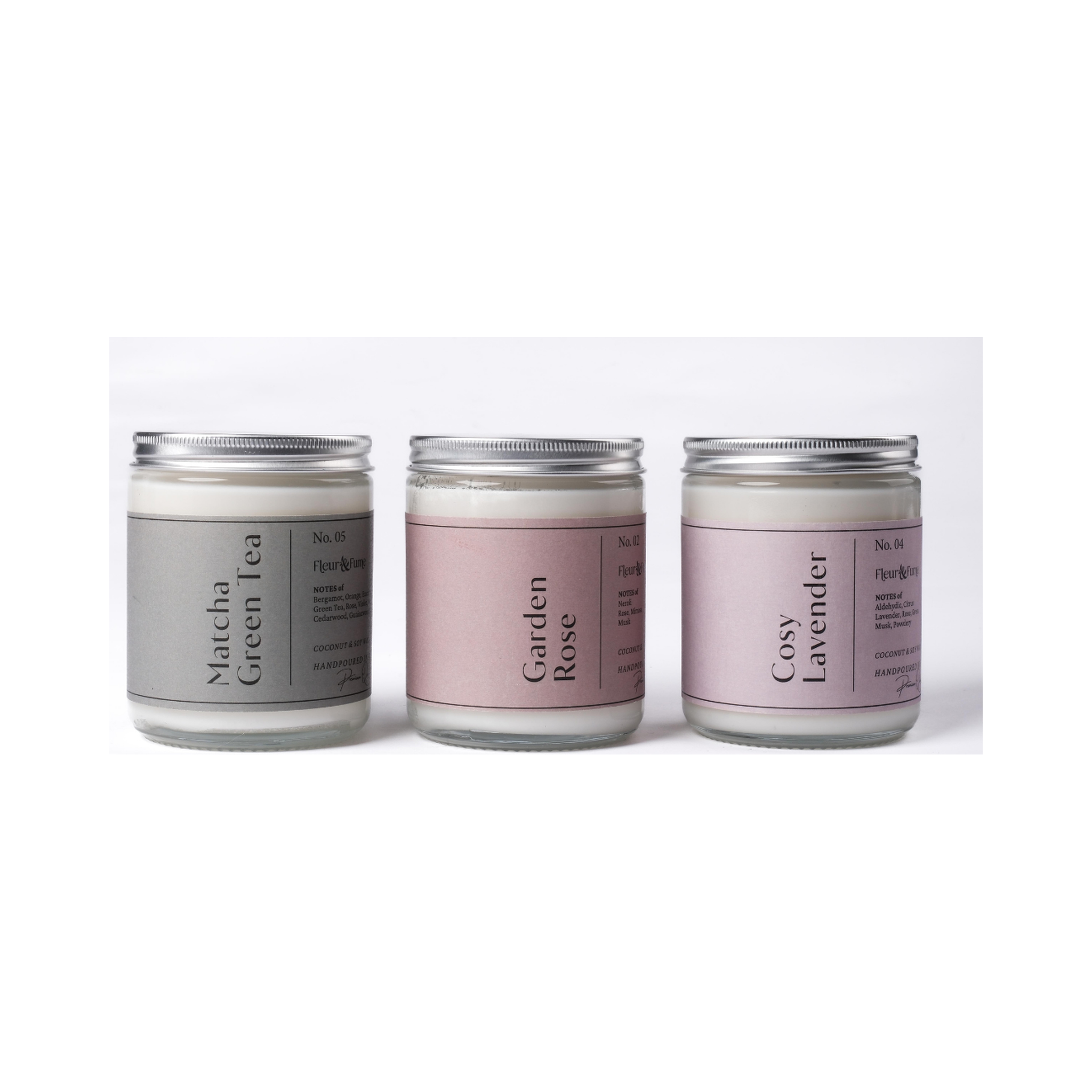 Fleur&Fume Lumia 3-Piece Natural Candle Set – Matcha Green Tea, Cosy Lavender & Garden Rose