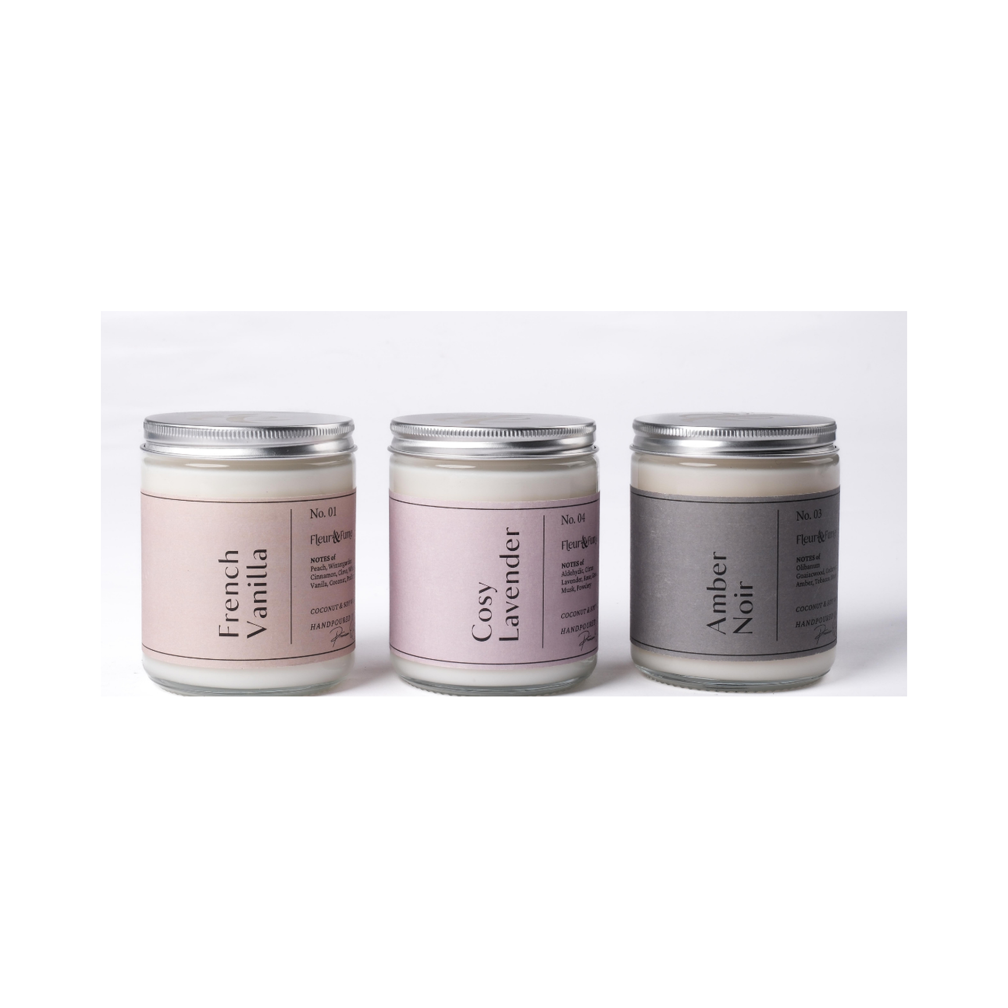 Fleur&Fume Lumia 3-Piece Natural Candle Set – French Vanilla, Cosy Lavender & Amber Noir