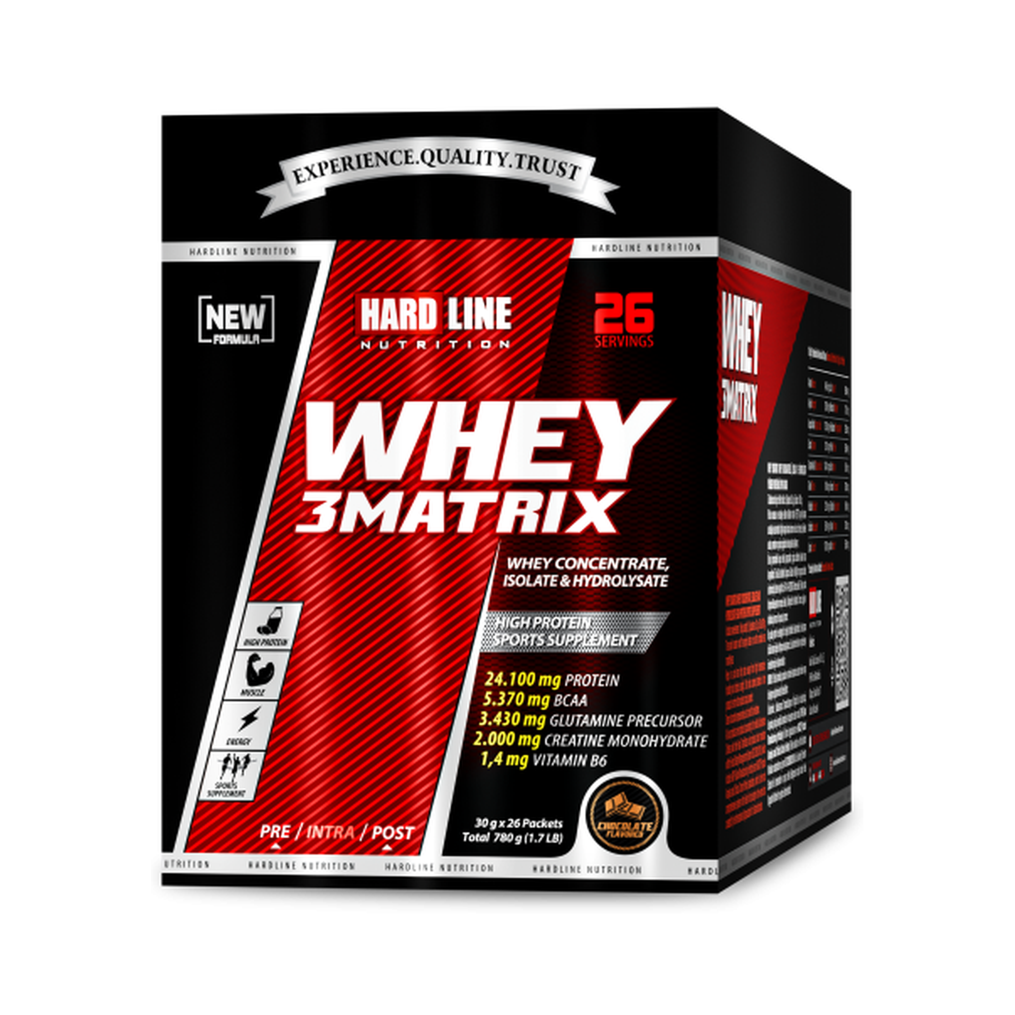 Hardline Whey 3Matrix Chocolate Whey Protein 780 Gr – 26 Sachets – Muscle Mass Support