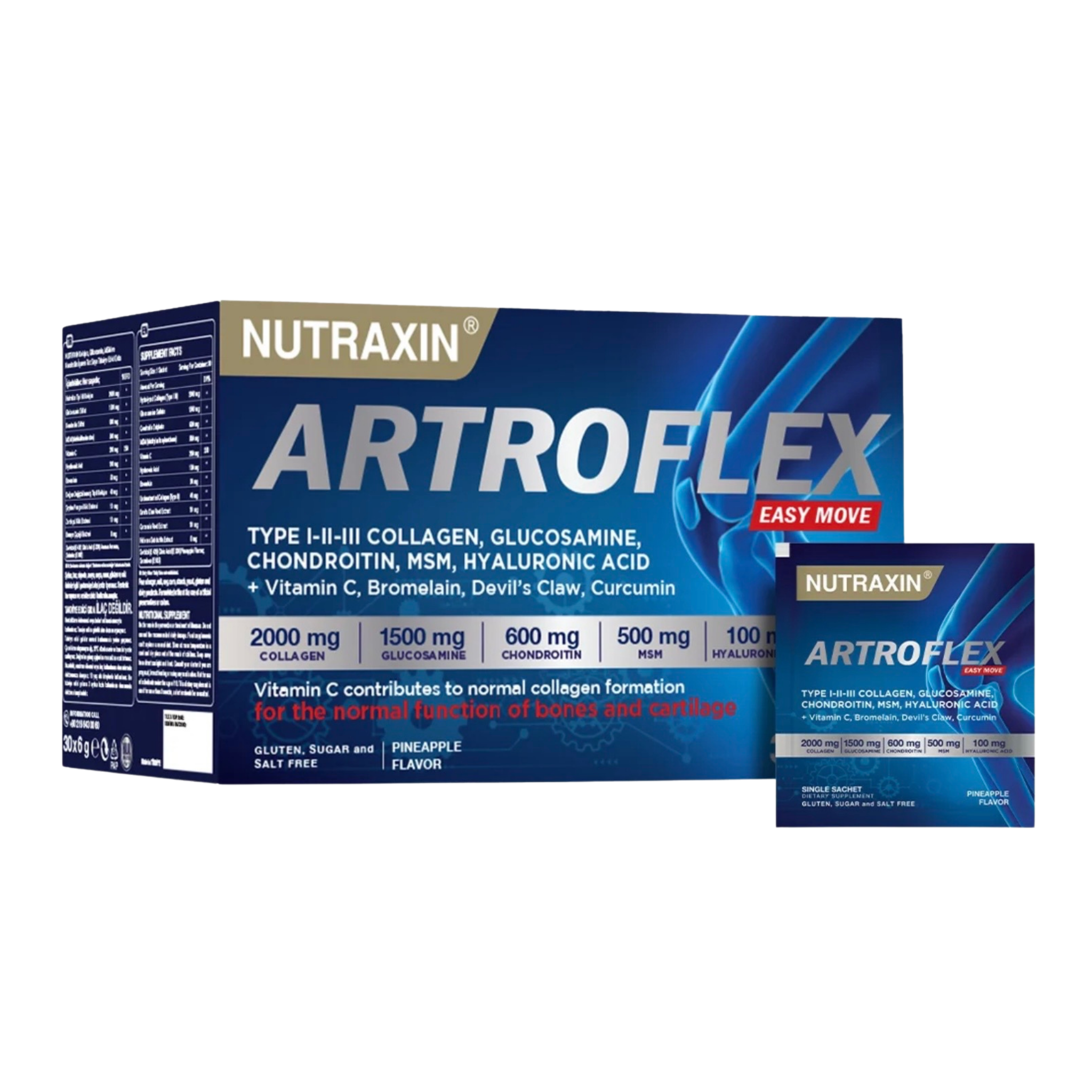 Nutraxin Artroflex Type 1 2 3 Collagen, Glucosamine, Chondroitin, MSM, Hyaluronic Acid + Vitamin C, Bromelain, Devil's Claw & Curcumin 30 sachets